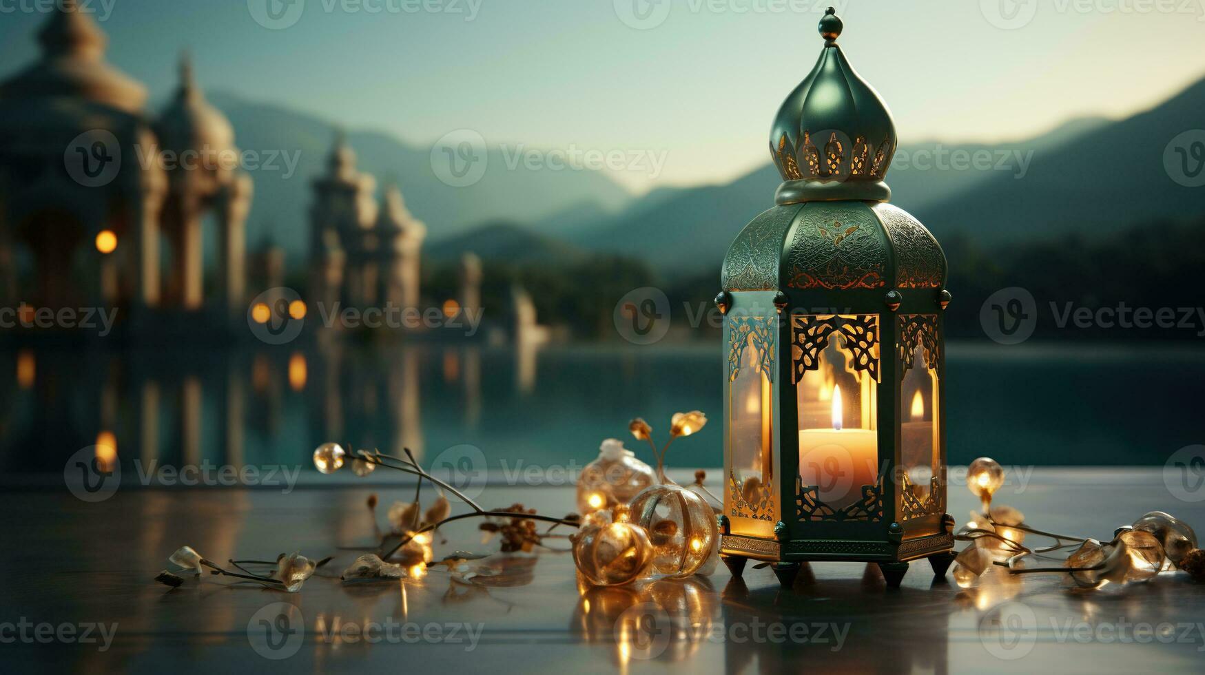 podium background in Ramadan holiday style with lantern. oriental arabic design with shades of gold. ai generative photo