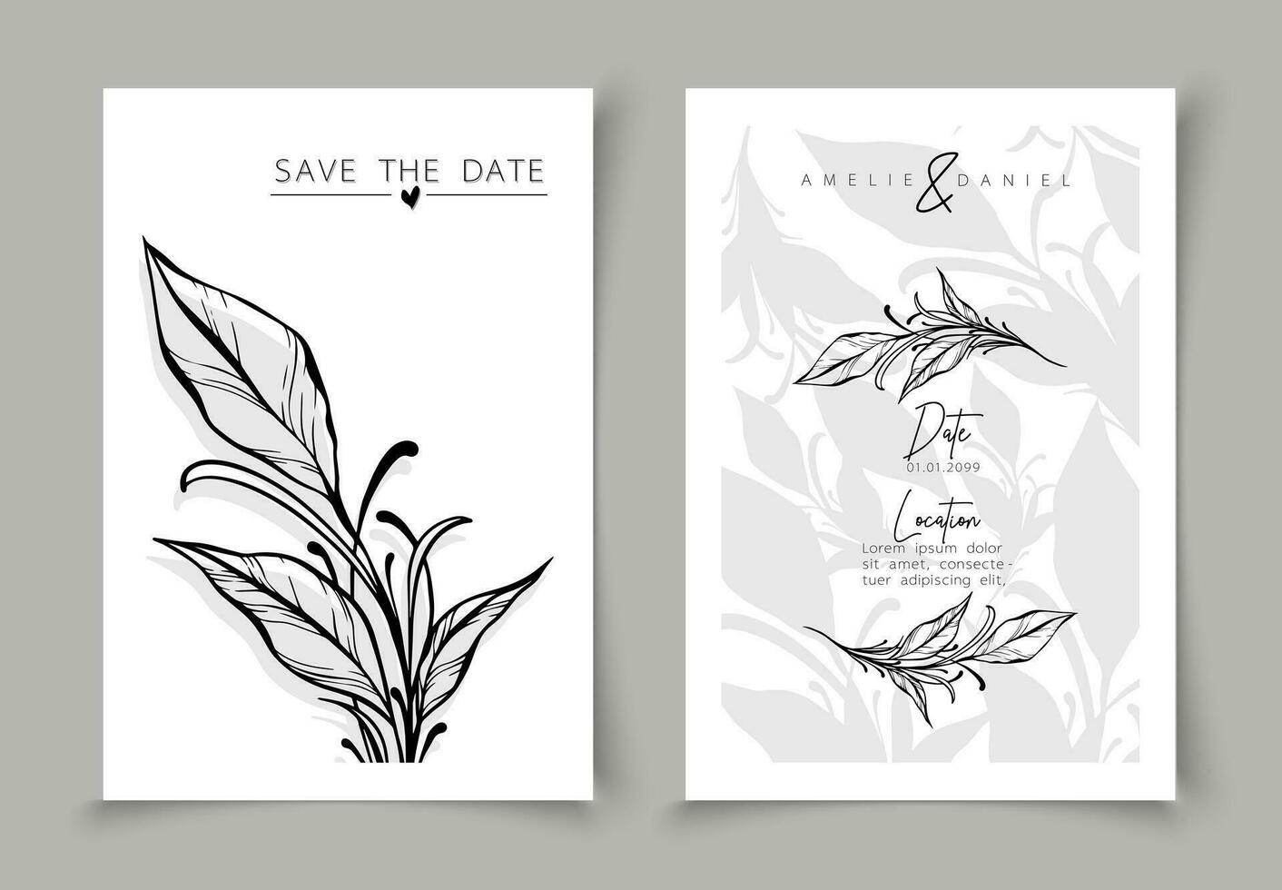 Set of cards minimal hand drawn branch elements in line art style. Botanical leaves frame template. Editable vector design card for advertising, cover, wedding invitation, poster or save the date.