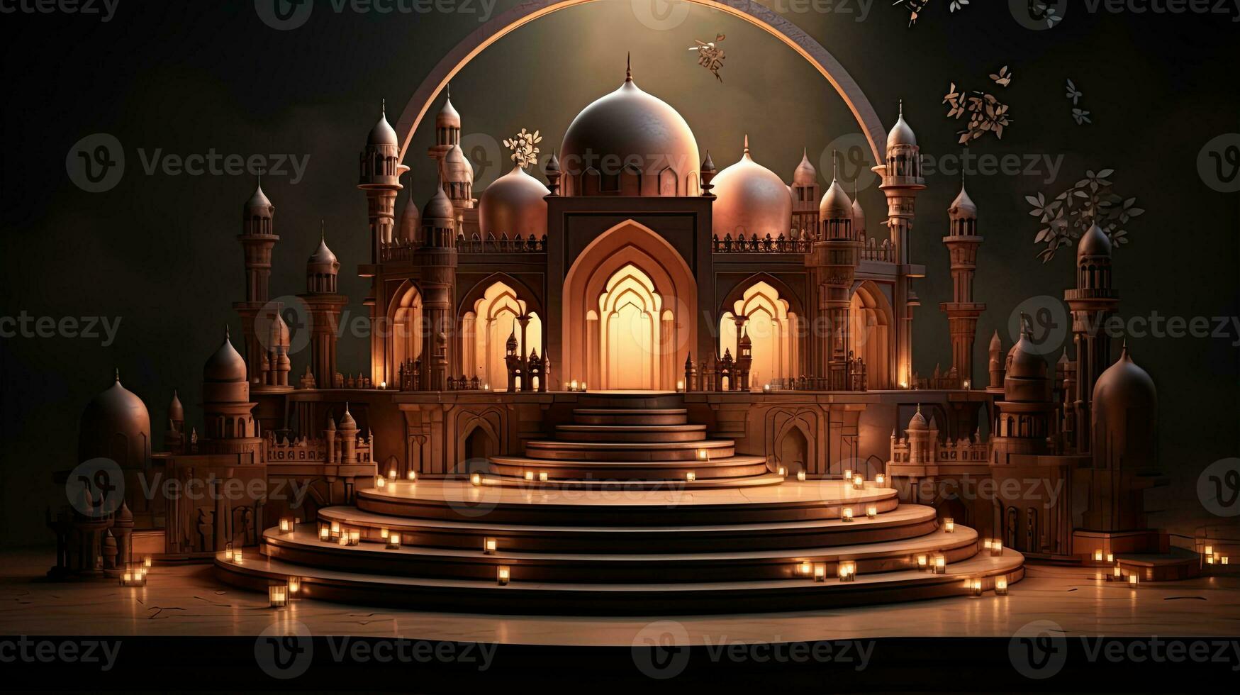 podium background in Ramadan holiday style. oriental arabic design with shades of in beige gold and yellow shades. ai generative photo