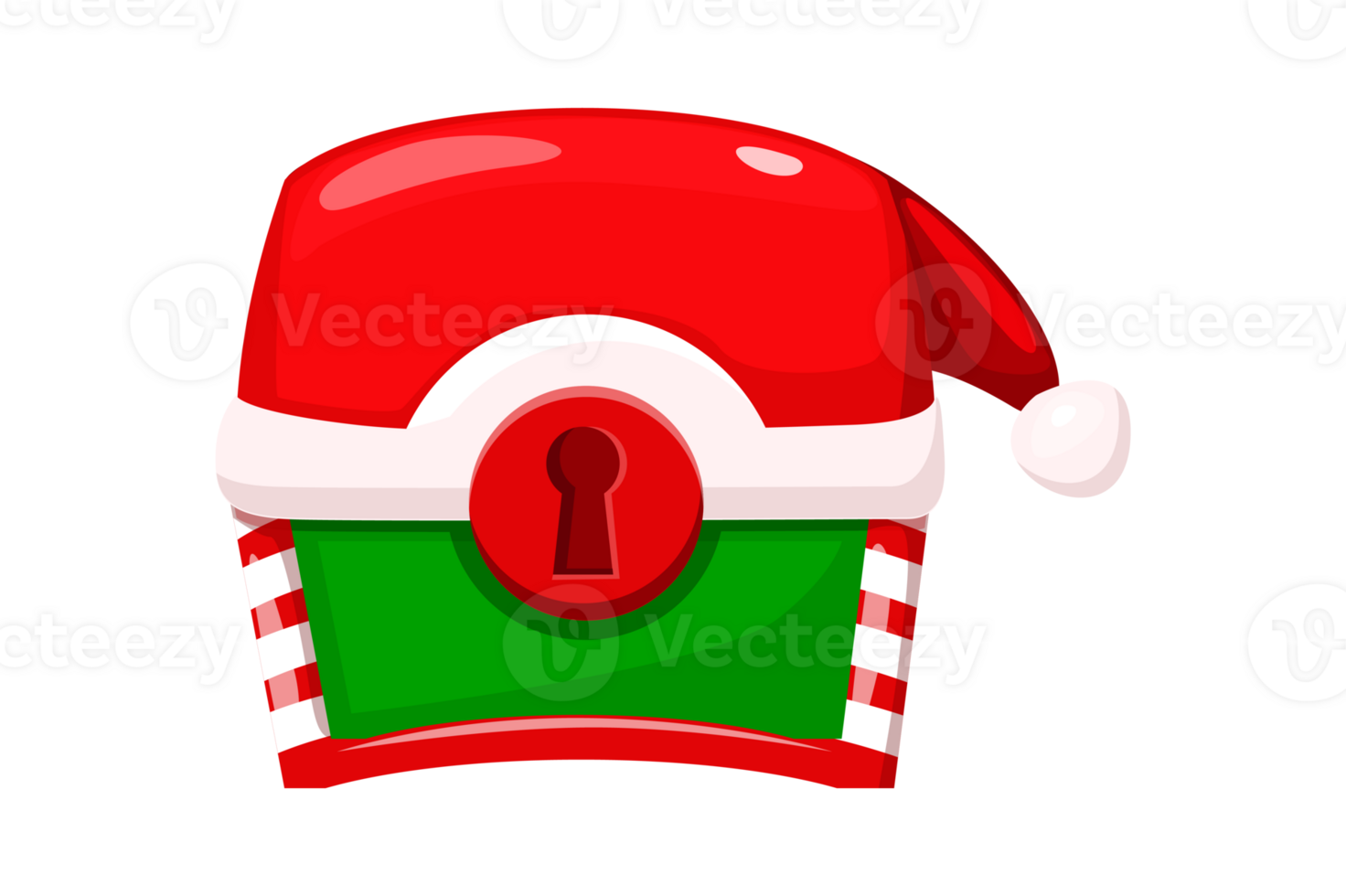 Christmas holiday chest in cartoon style. Red chest in hat. png
