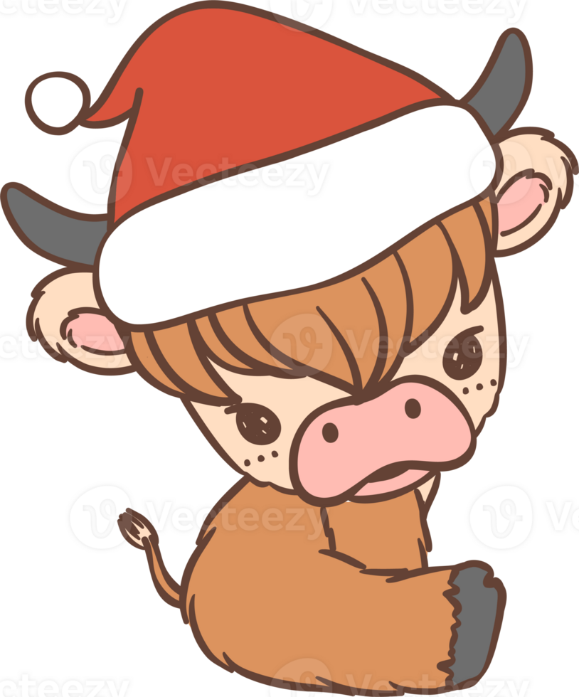 Baby Highland cow with Santa hat Christmas png