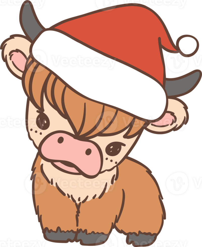 Baby Highland cow with Santa hat Christmas png