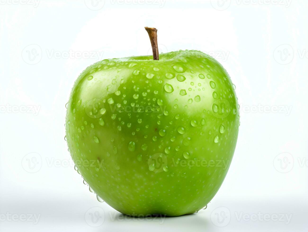 Fresco verde manzana Fruta con agua gotas en eso en blanco antecedentes ai generativo foto