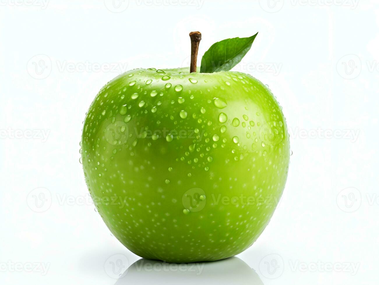 Fresh green apple fruit with water droplets on it in white background AI Generative photo