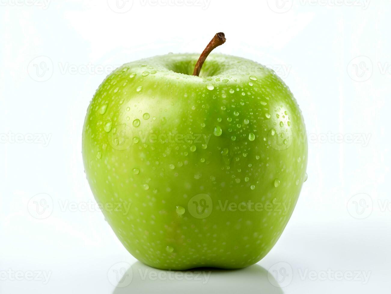 Fresco verde manzana Fruta con agua gotas en eso en blanco antecedentes ai generativo foto