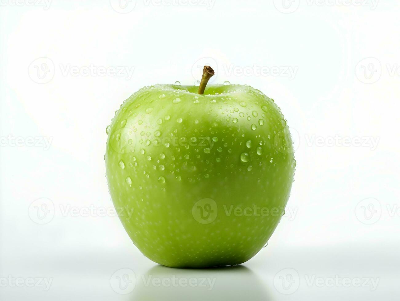 Fresco verde manzana Fruta con agua gotas en eso en blanco antecedentes ai generativo foto