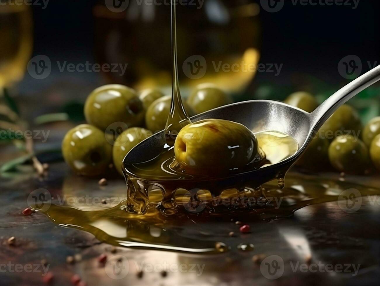 Olives with spilling oil by spoon AI Generative photo