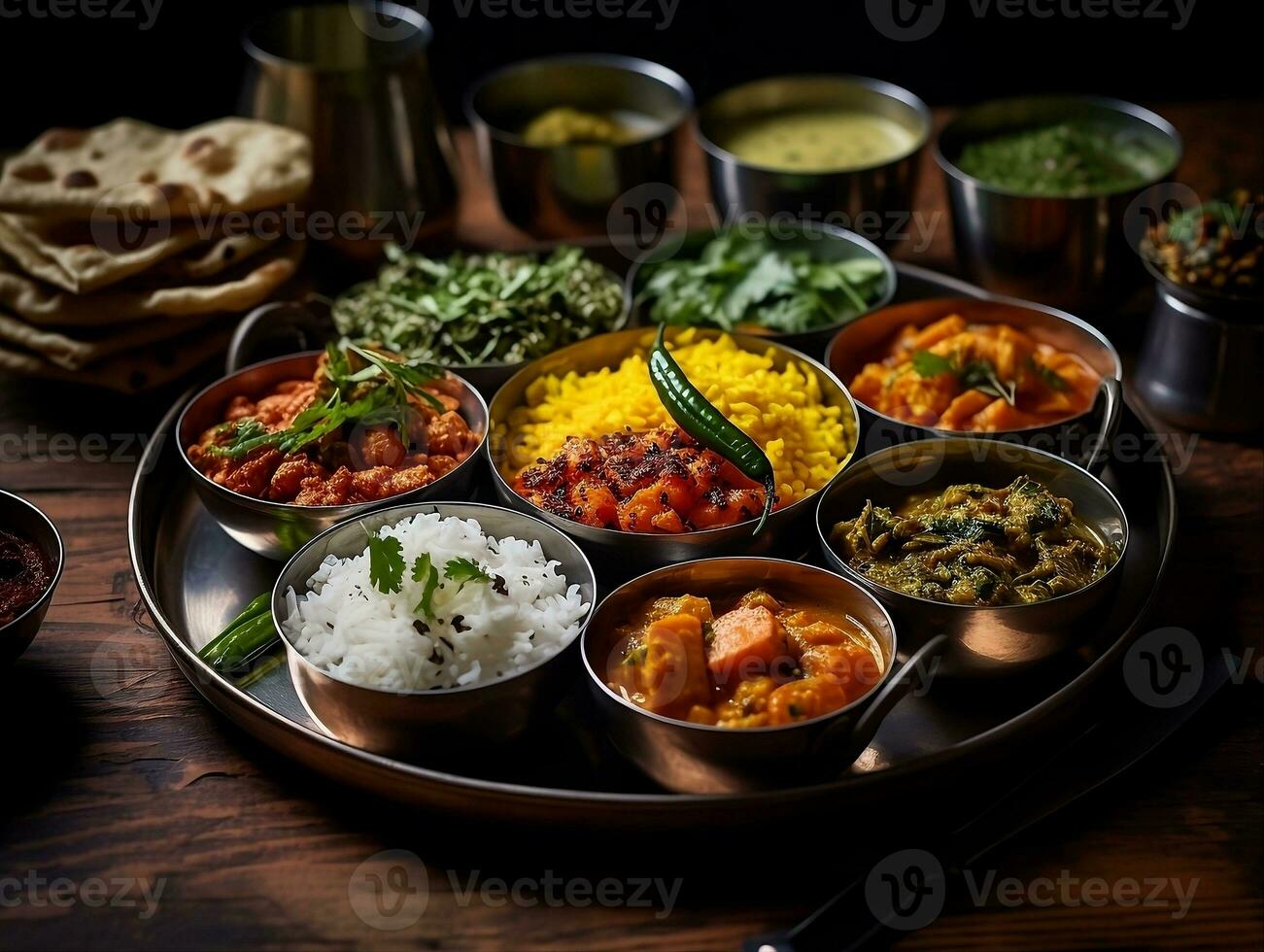 Indian cuisine thali on a table with different Indian foods AI Generative photo