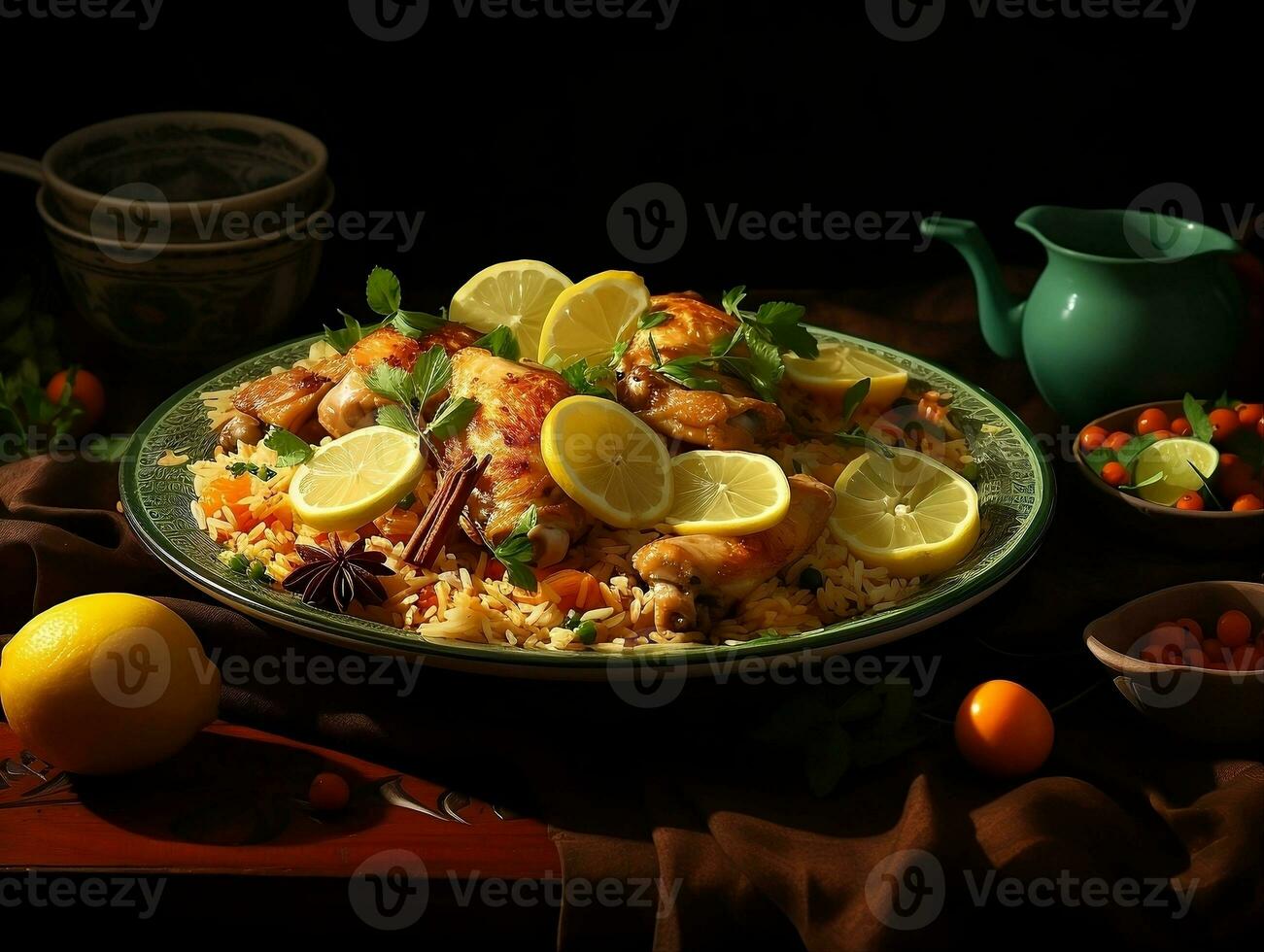 Plate of chicken biryani on a table with lemon AI Generative photo