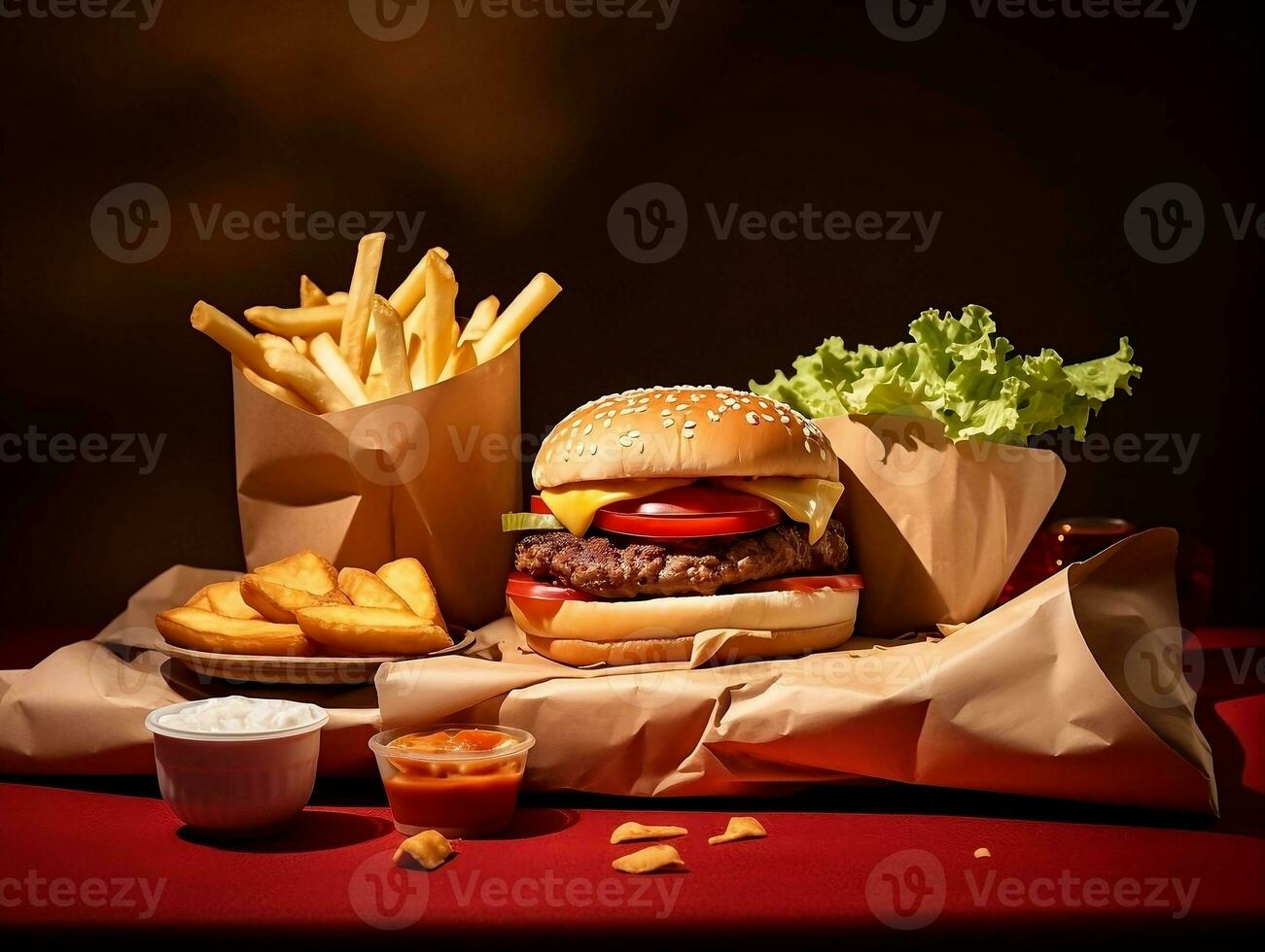 Packaging hamburger with fries and ketchup AI Generative photo