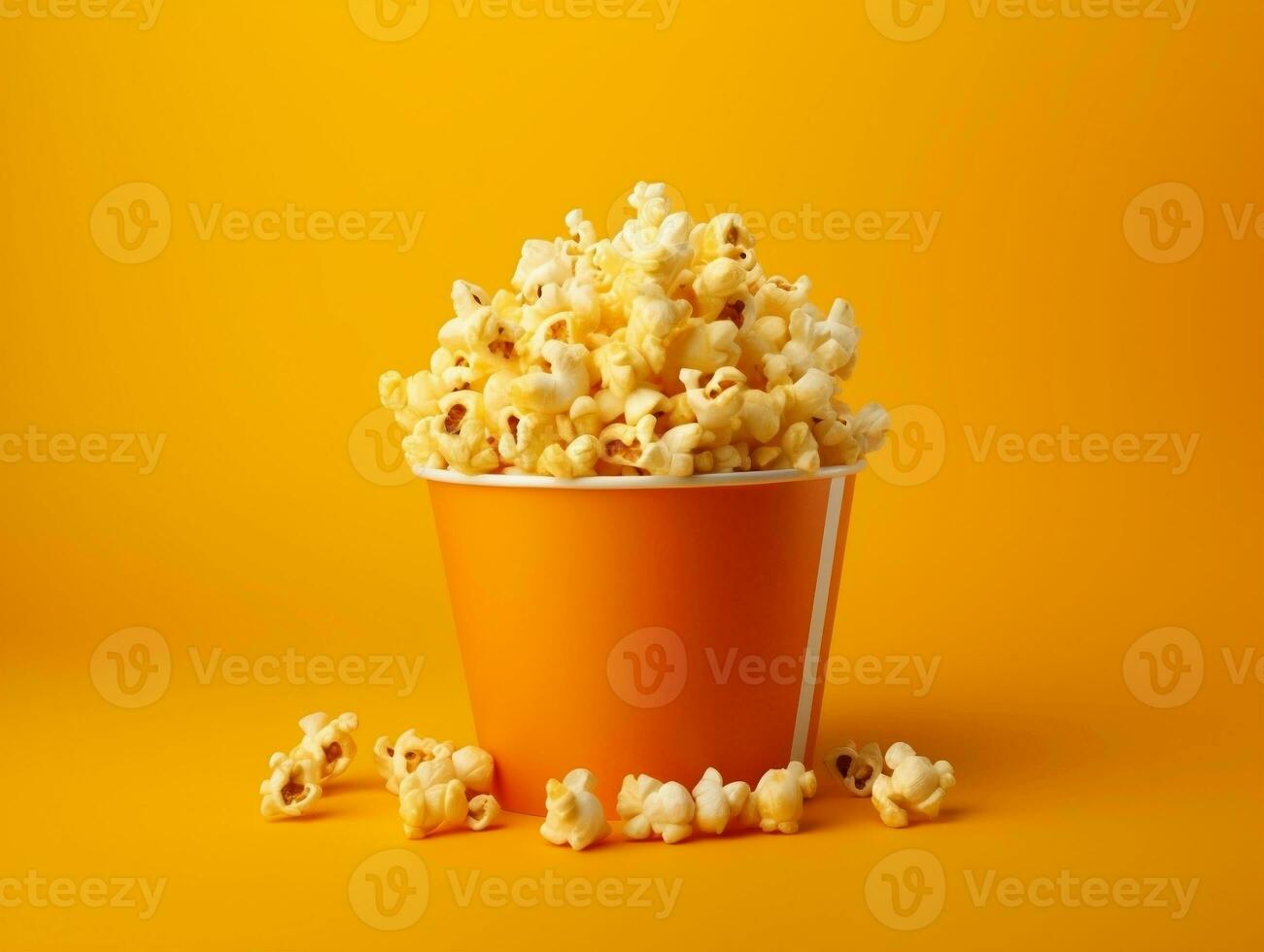 Bucket of popcorns on yellow background AI Generative photo