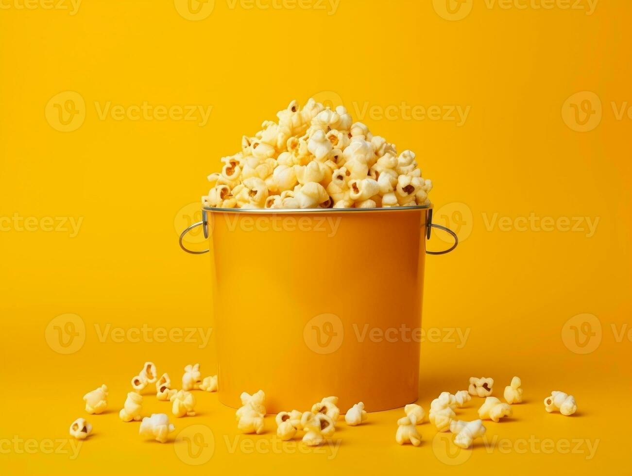 Bucket of popcorns on yellow background AI Generative photo