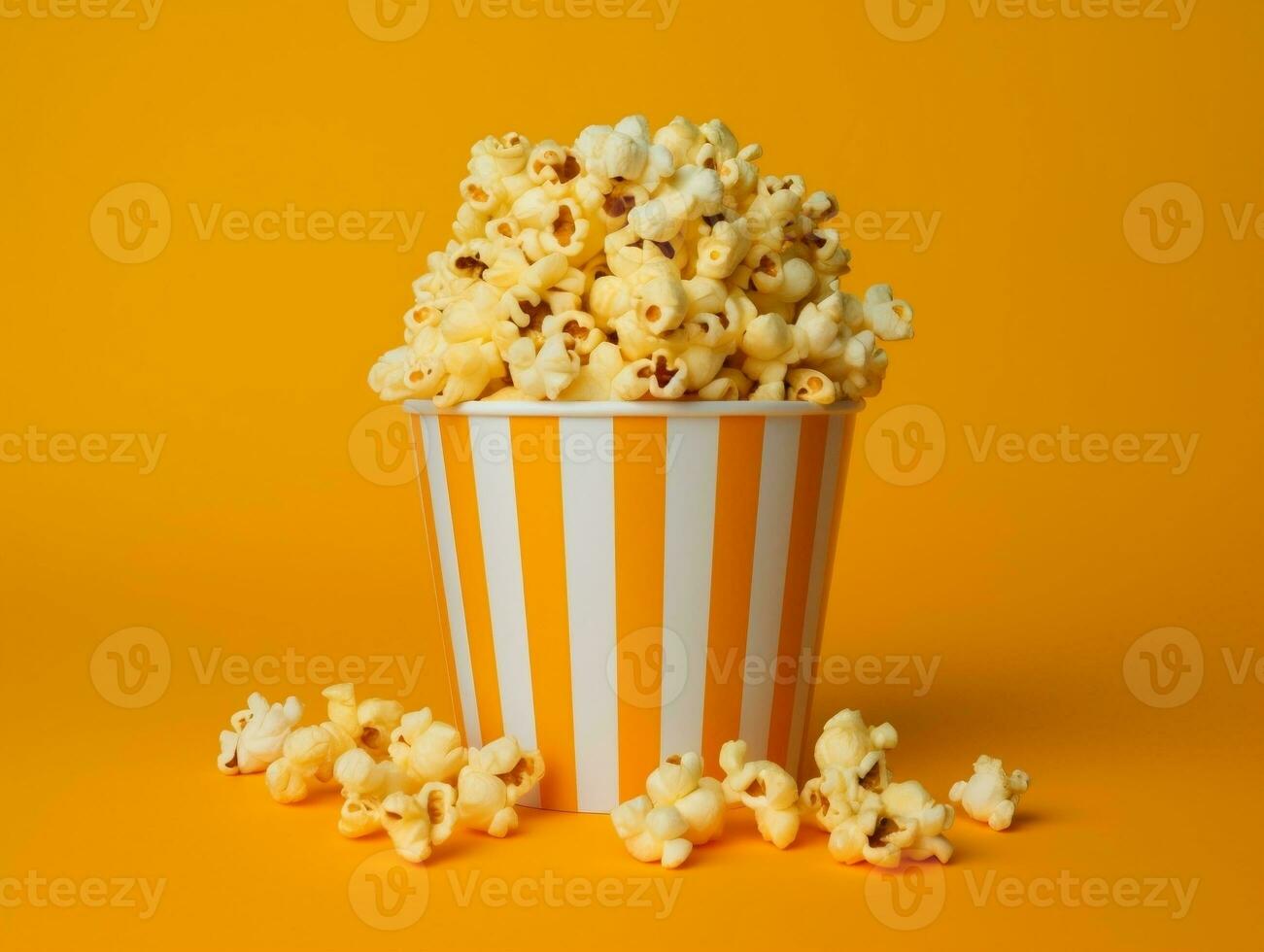 Bucket of popcorns on yellow background AI Generative photo