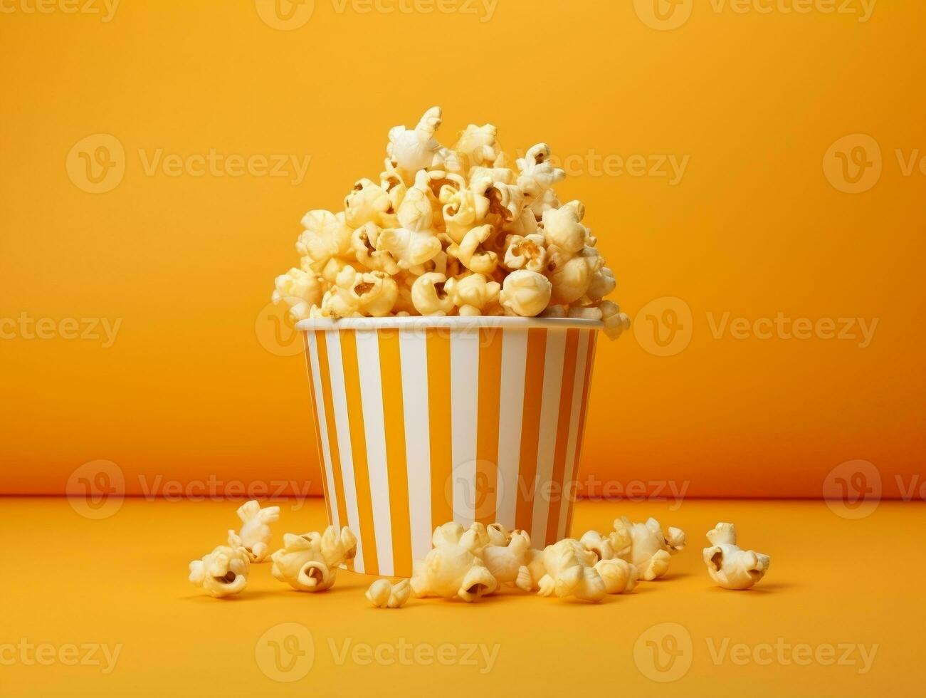 Bucket of popcorns on yellow background AI Generative photo
