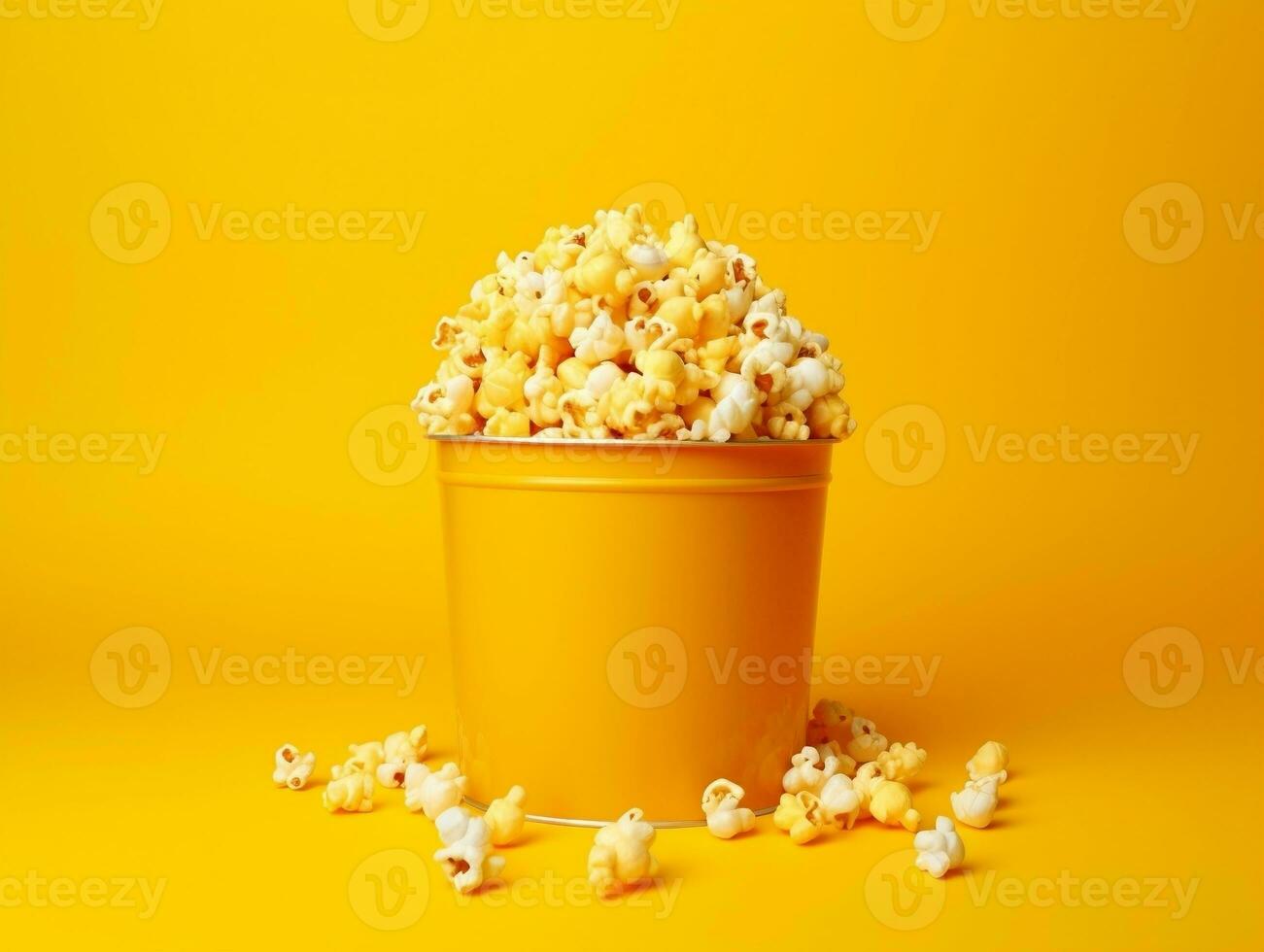 Bucket of popcorns on yellow background AI Generative photo