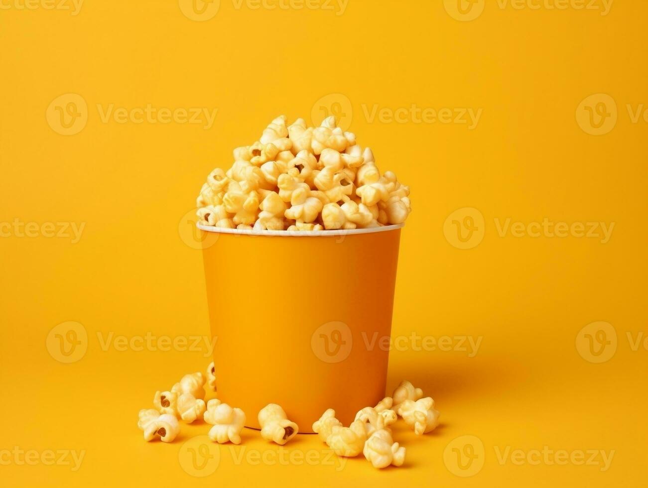Bucket of popcorns on yellow background AI Generative photo