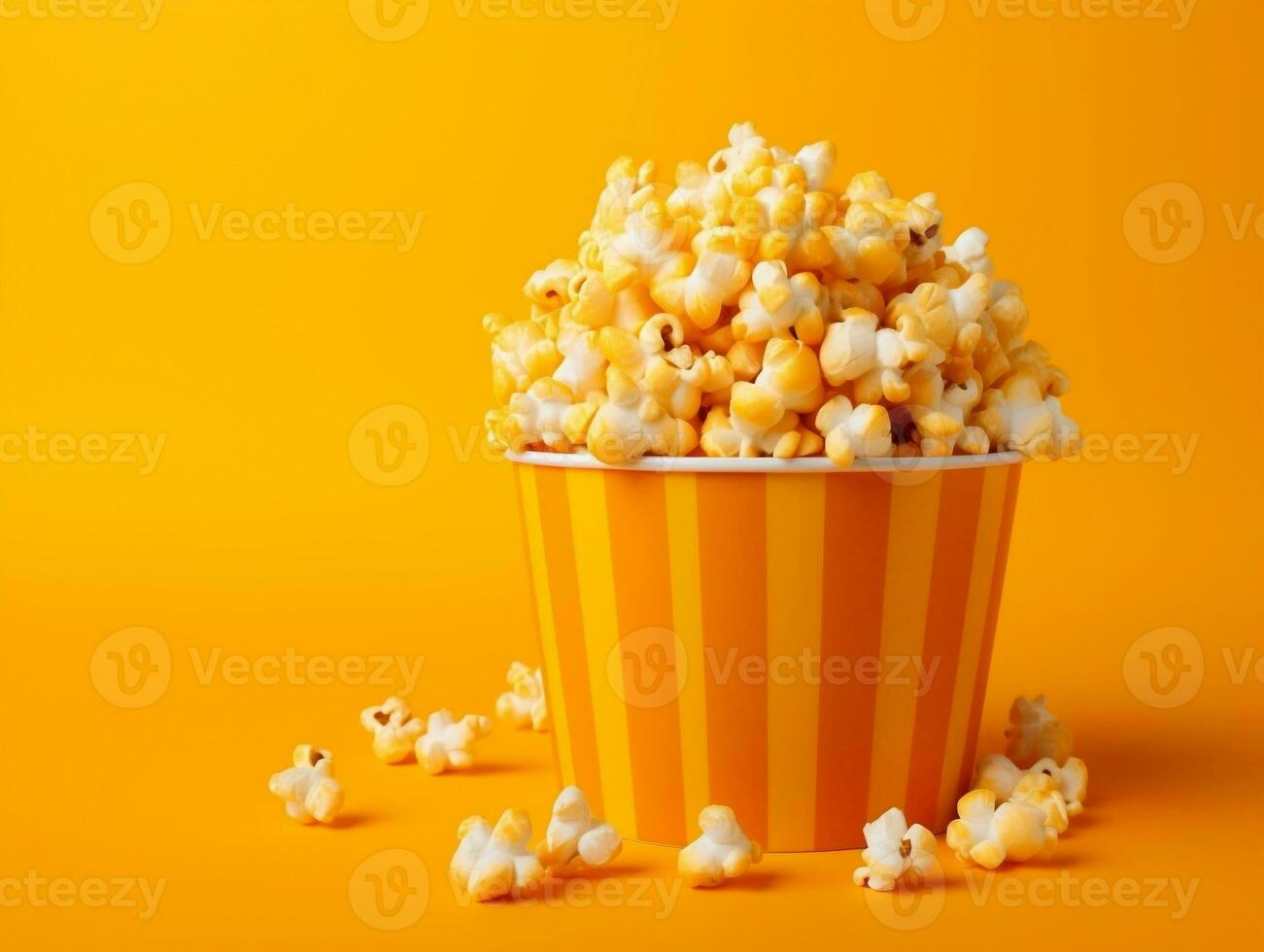 Bucket of popcorns on yellow background AI Generative photo