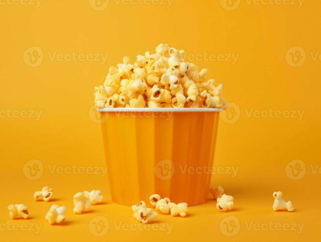 Bucket of popcorns on yellow background AI Generative photo