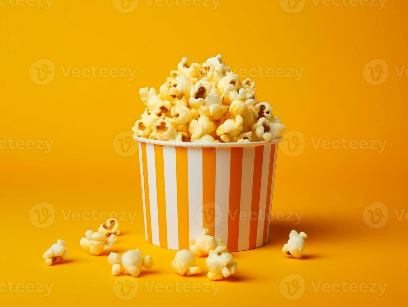 Bucket of popcorns on yellow background AI Generative photo