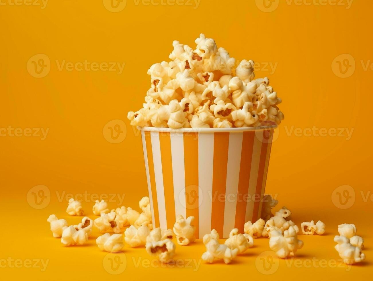 Bucket of popcorns on yellow background AI Generative photo