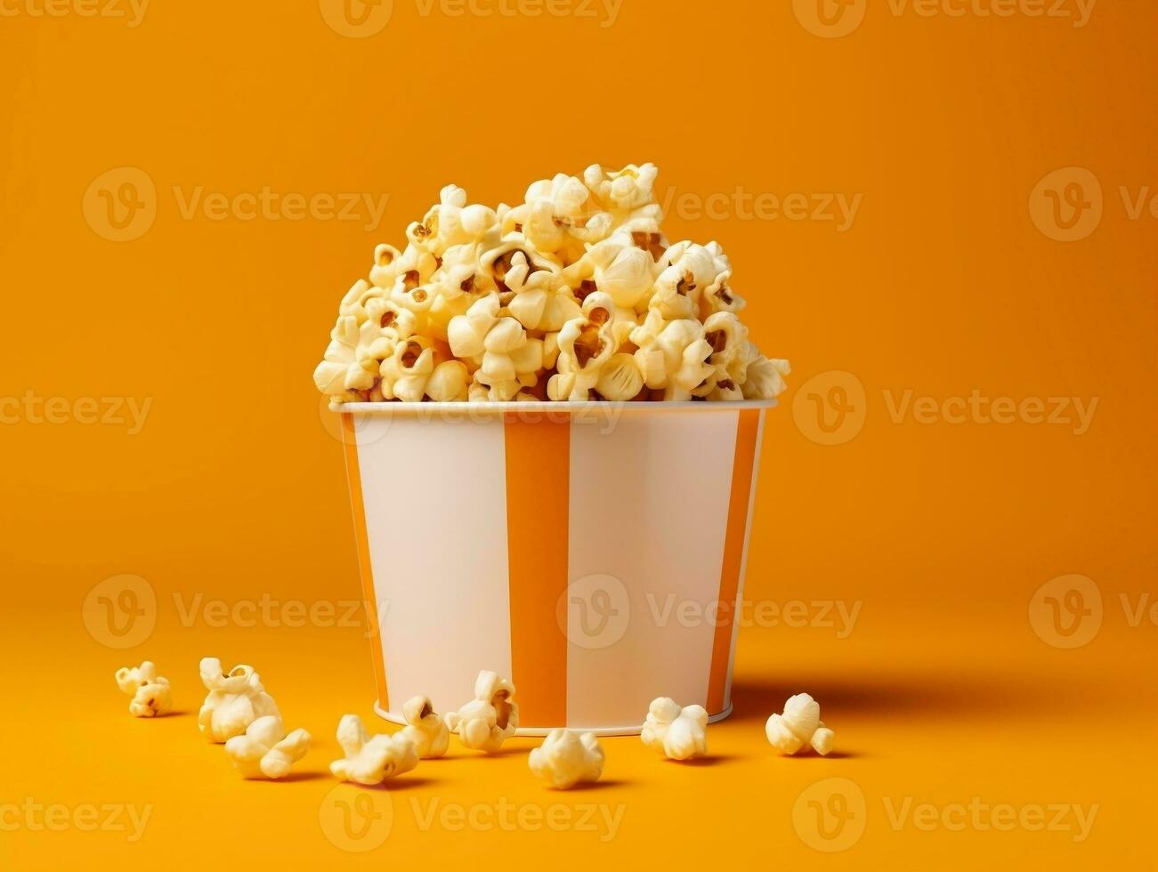 Bucket of popcorns on yellow background AI Generative photo