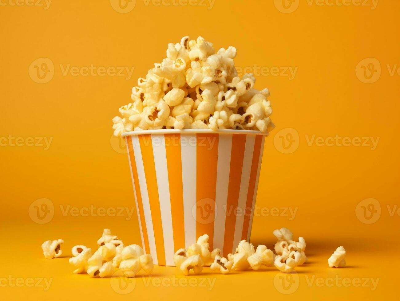 Bucket of popcorns on yellow background AI Generative photo
