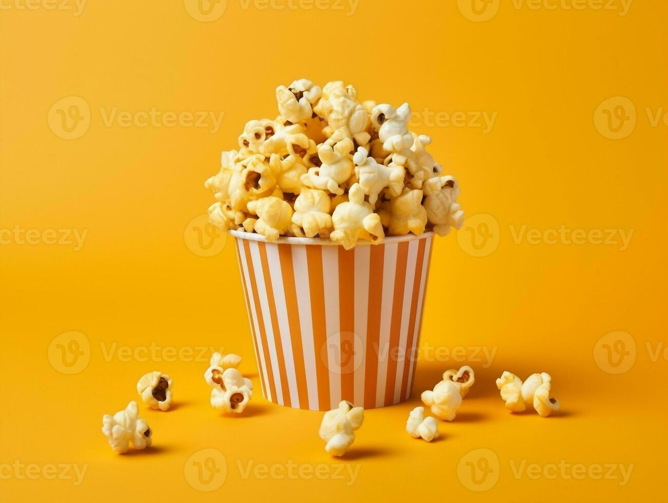 Bucket of popcorns on yellow background AI Generative photo