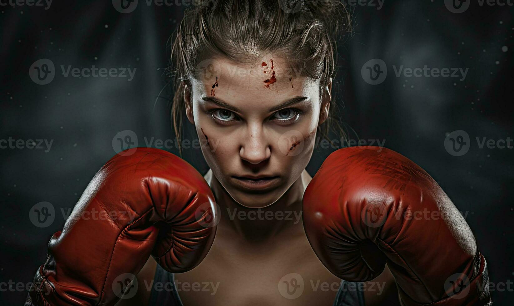 Powerful stance of a woman boxer. AI generative. photo
