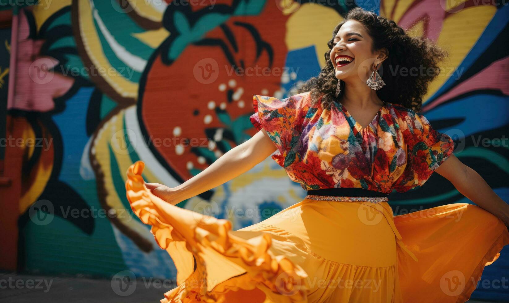 Joyful woman in orange dances vibrantly against a colorful. AI generative. photo