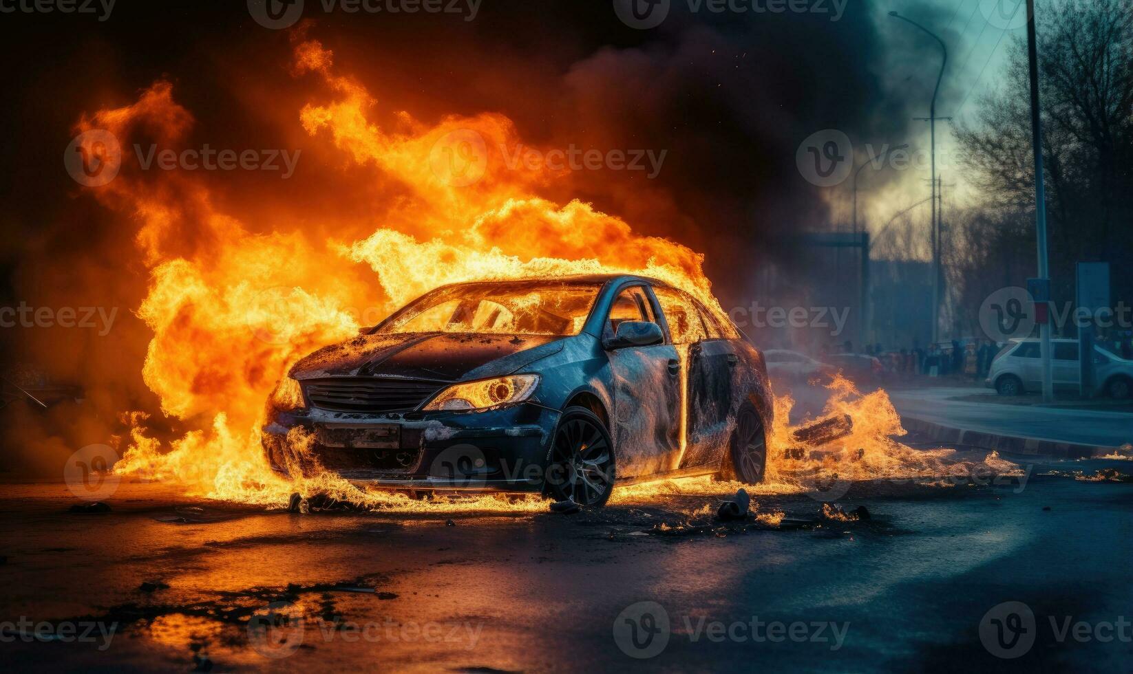 Burning car emitting thick smoke on a street. AI generative. photo