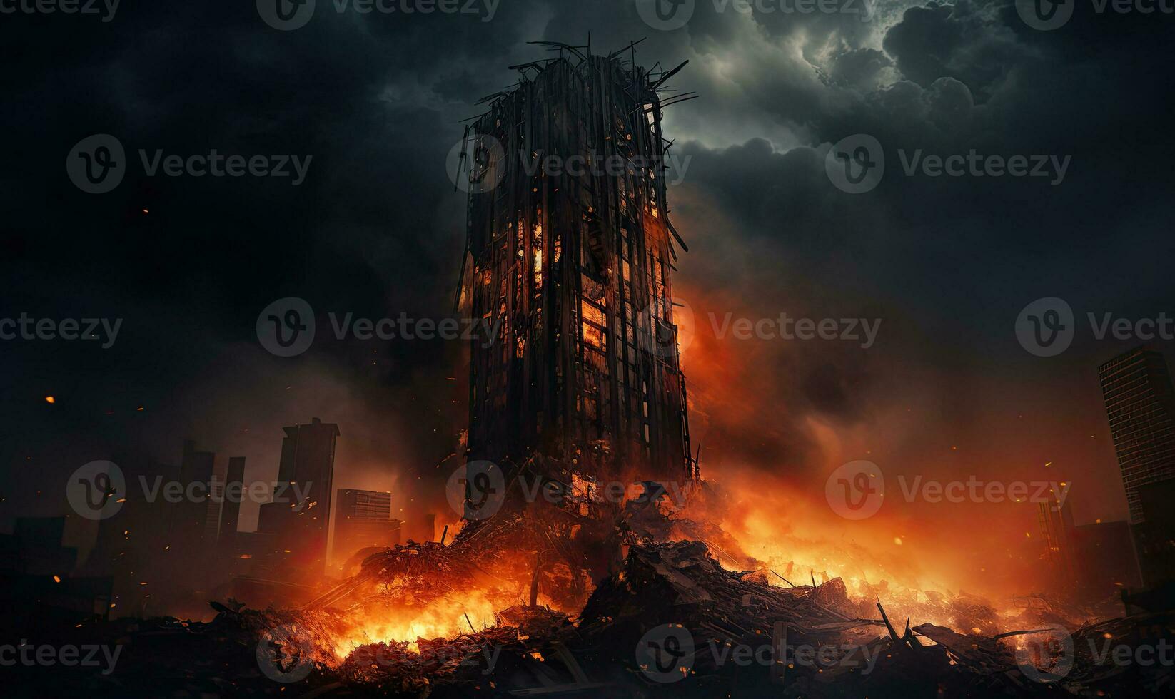 Sky-high fire and smoke envelop a skyscraper. AI generative. photo