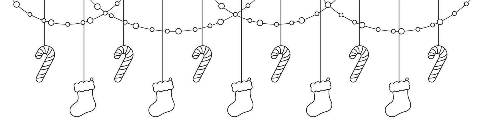 Merry Christmas Border Banner Line Art Doodle, Hanging Santa Stocking and Candy Cane Garland. Winter Holiday Season Header Decoration. Web Banner Template. Vector illustration.