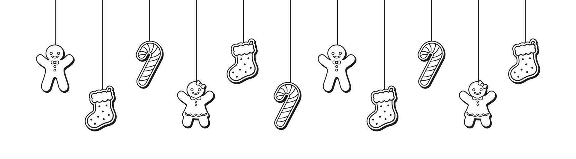 Merry Christmas Border Banner Outline Doodle, Hanging Gingerbread Cookies Garland. Winter Holiday Season Header Decoration. Web banner template. Vector illustration.