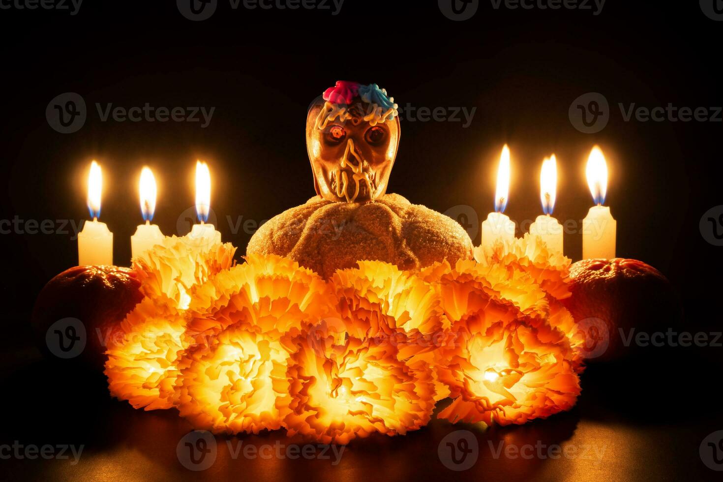 Traditional day of the dead altar in mexico - altar de dia de muertos - copy space dark background photo