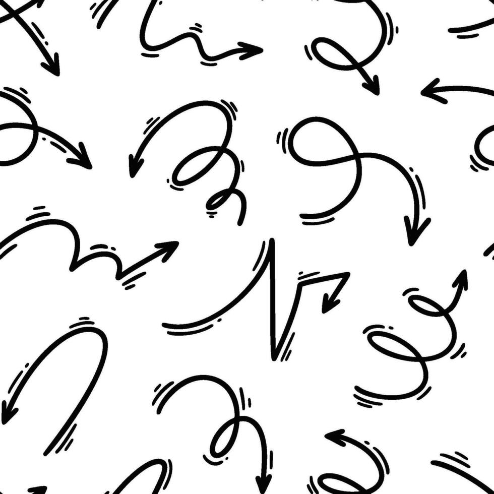 Doodle arrow seamless pattern. Squiggle, scribble, swoosh, swirl drawing. Vector illustration with manga and carton style design elements. Trendy childish background