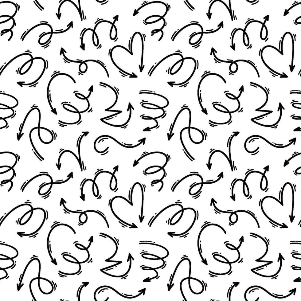 Doodle arrow seamless pattern. Squiggle, scribble, swoosh, swirl drawing. Vector illustration with manga and carton style design elements. Trendy childish background