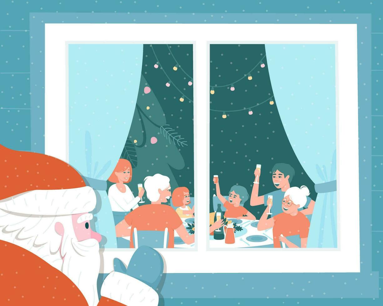 Santa Claus spies on how the family celebrates Thanksgiving at the table vector