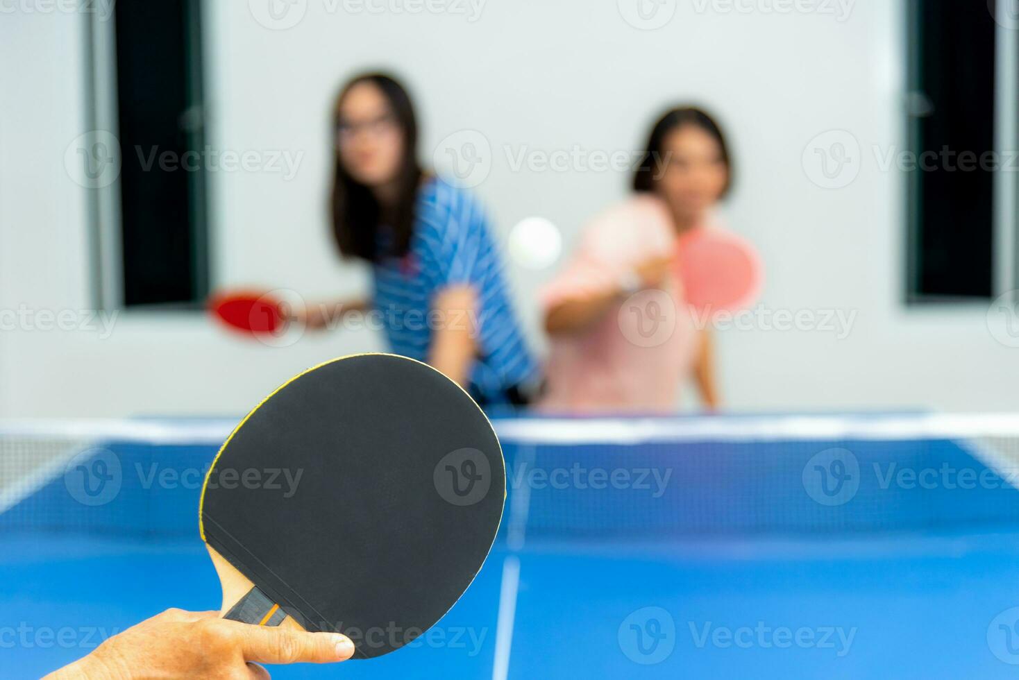 Blur mother and daughter enjoy recreation stay at home photo