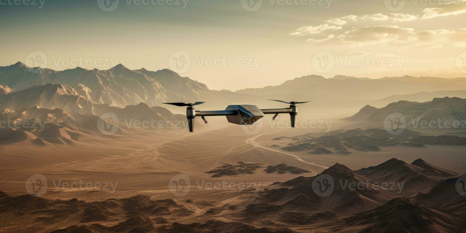 Drone hovers above a vast desert, modern technology. AI generative. photo