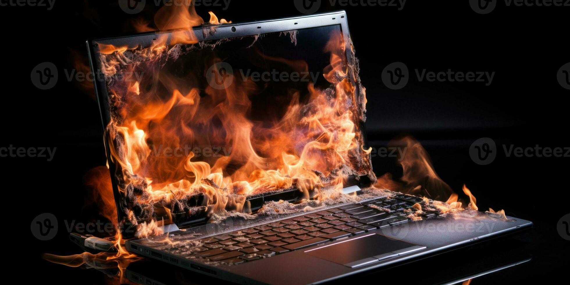 Laptop fiercely burning and smoking. AI generative. photo