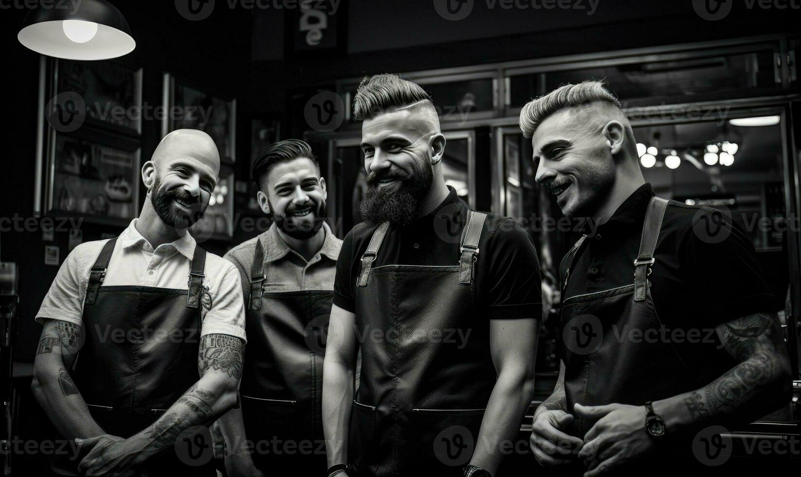 Professional barbers engage in conversation in a busy. AI generative. photo