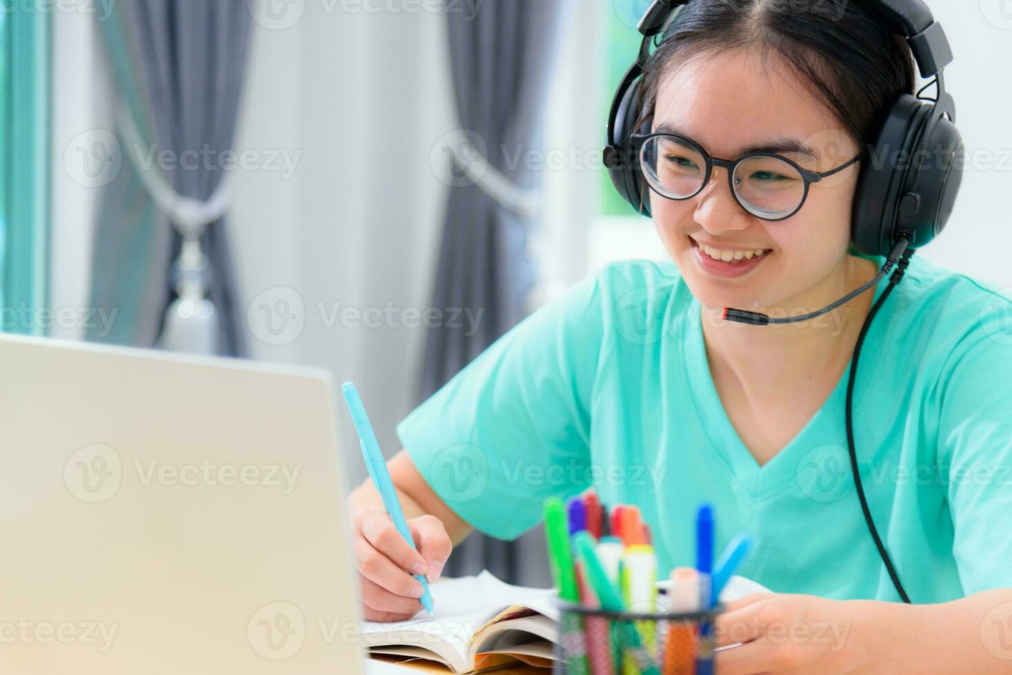 Asian woman student happy in class online learning photo
