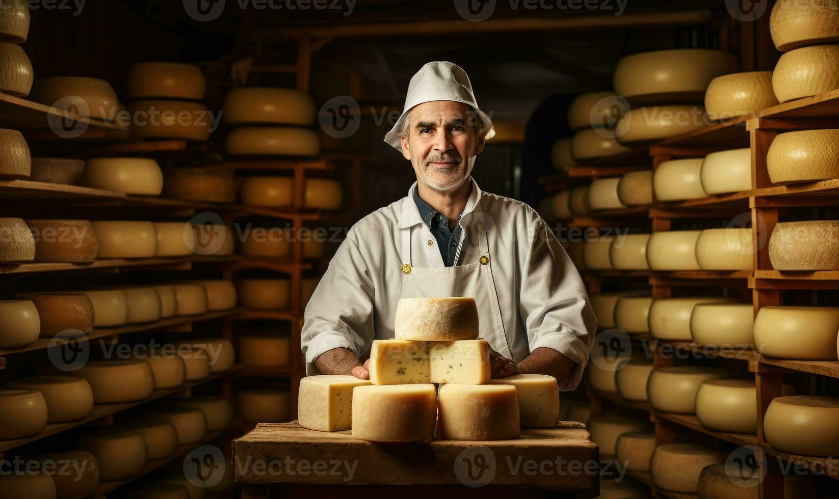 Masterful cheesemaker confidently evaluates cheese. AI generative. photo