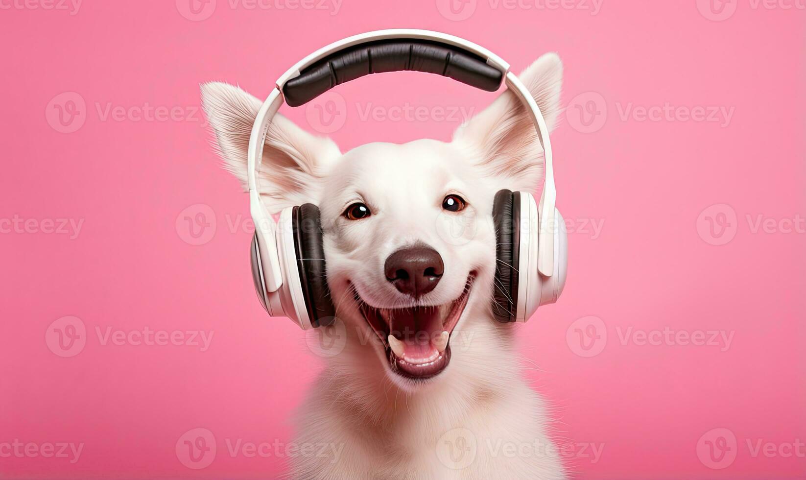 Joyful canine enjoys music with headphones. AI generative. photo