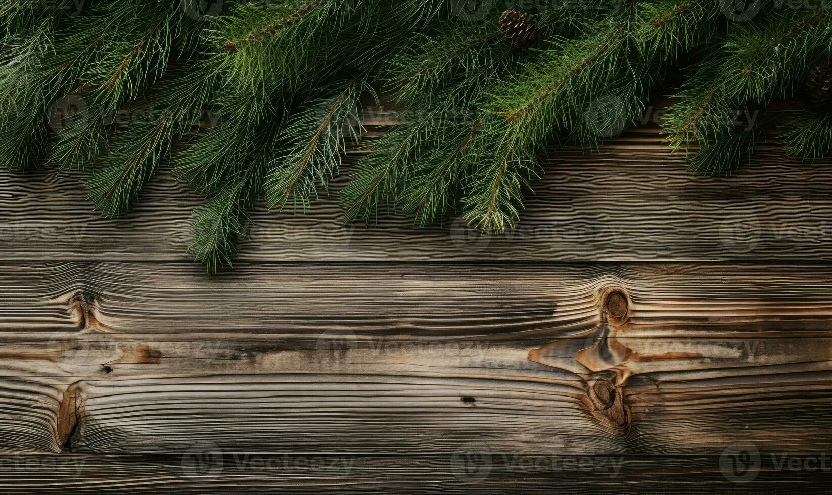 On a textured wooden surface, fresh pine branches. AI generative. photo