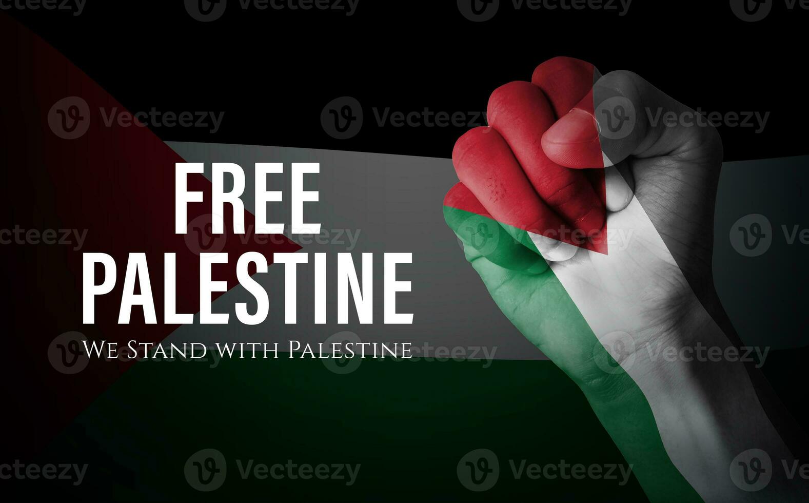 We stand with Palestine banner design concept. free palestine. no war illustration with hand and flag overlay photo