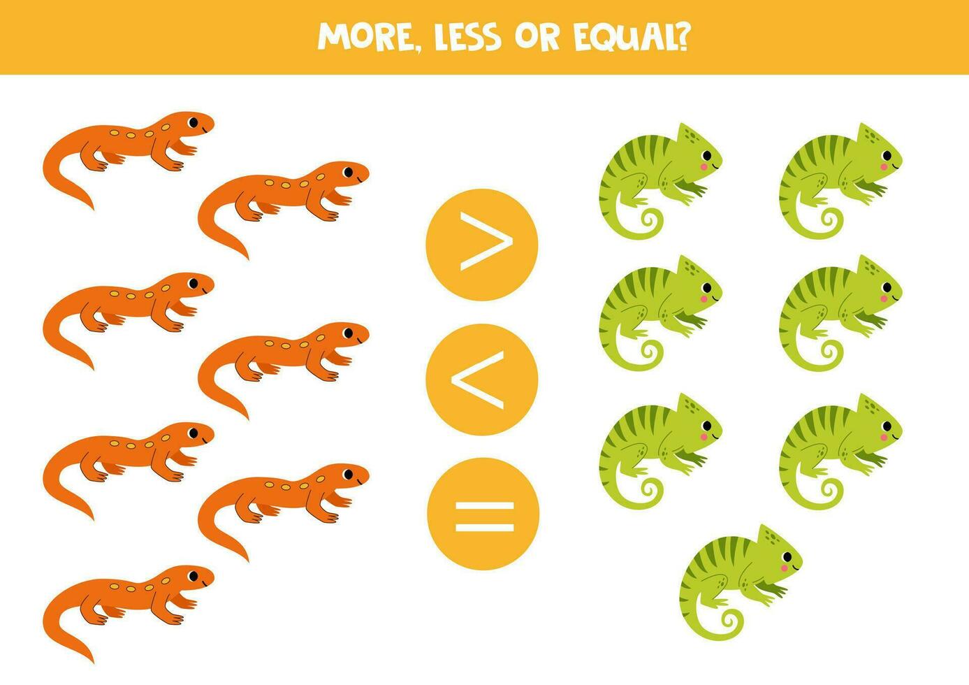 Grater, less or equal with cute chameleon and newt. vector