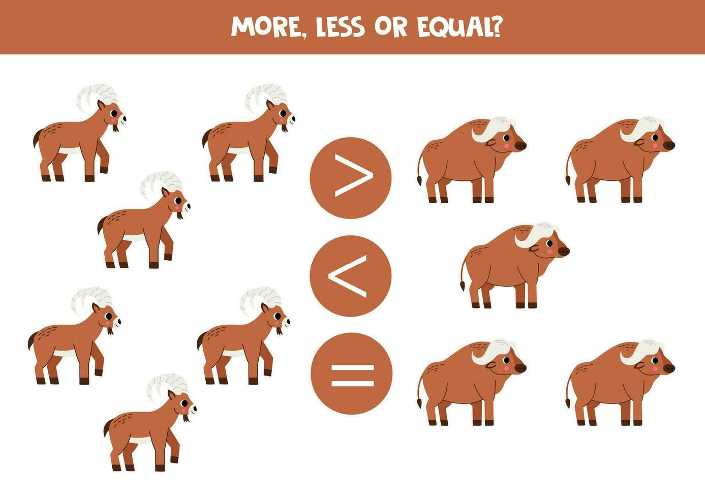 Grater, less or equal with cartoon ibexes and African buffalos. vector