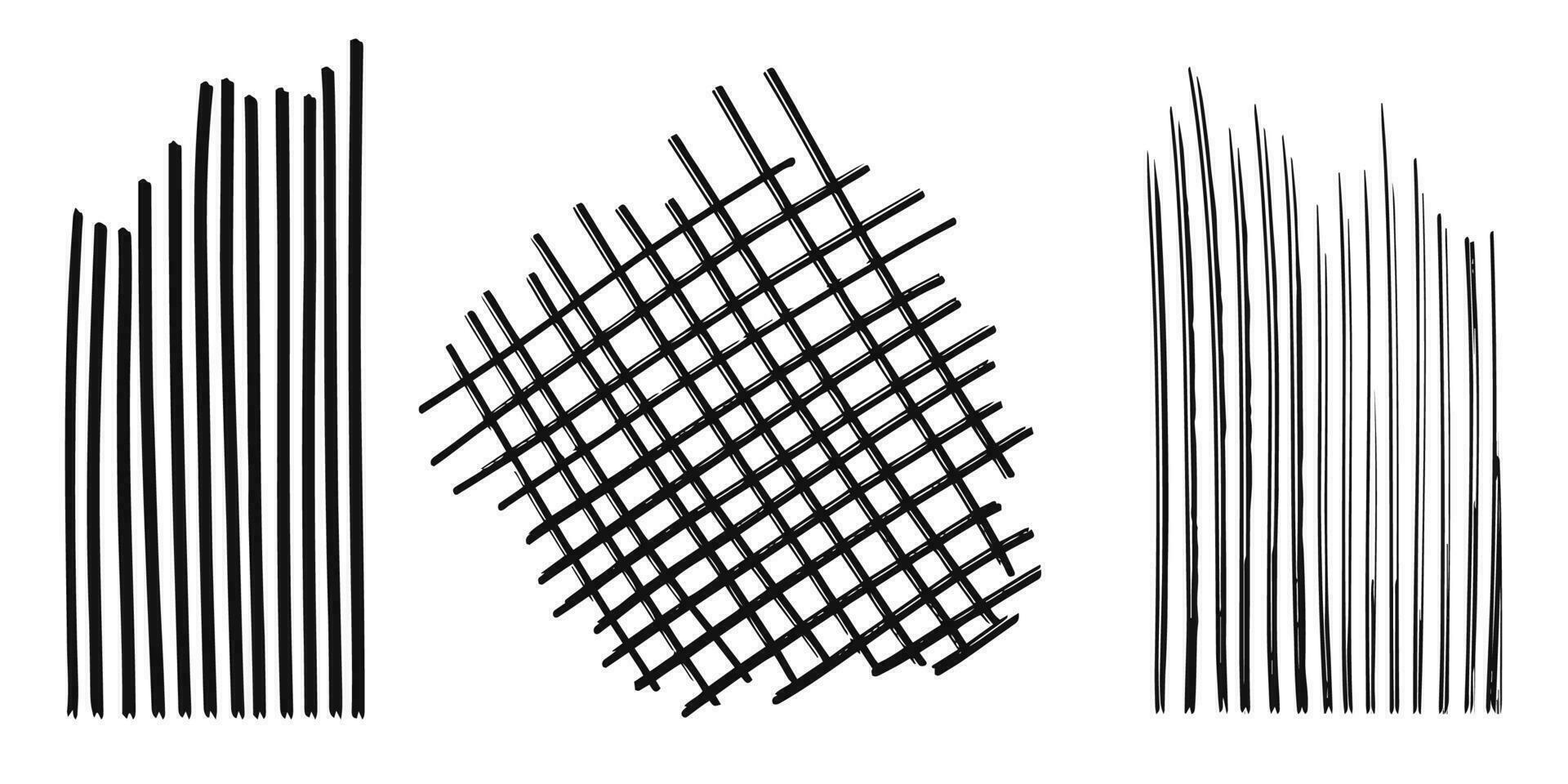 Pattern, texture, line hand drawn. Hatch drawing pen ink and crosshatch draw pencil sketch. Doodle scratch style. Black shape isolated on white background. Vintage graphic design. Vector illustration