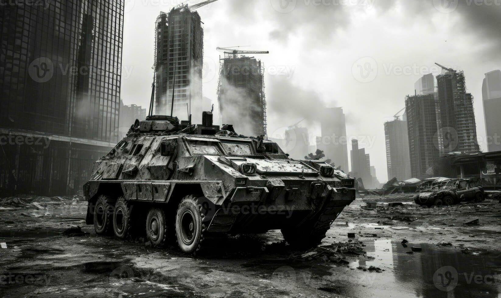 Burnt-out military vehicle. AI generative. photo